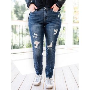 Judy Blue Women 1/25 Mid-Rise Distressed Boyfriend Denim Blue Jeans Casual